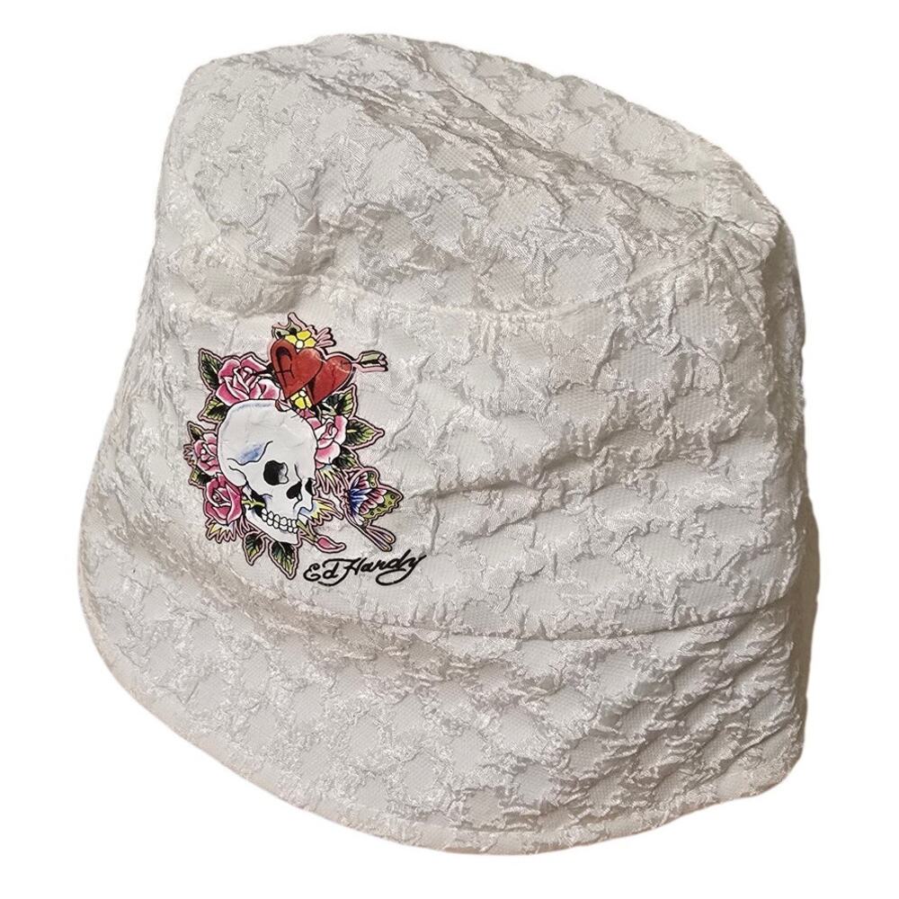 Ed Hardy Skull Roses Hearts White Textured Bucket Hat O/S Y2K NWOT NEW